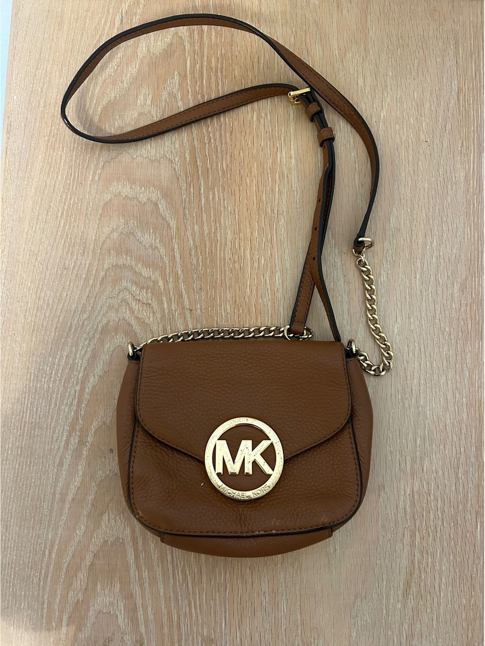 Michael Kors Brown Leather Crossbody Bag with Gold Chain Strap